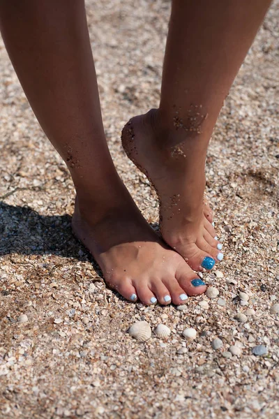 Hermosa Pedicura Arena Del Mar Pedicura Azul Verano Relájese Playa — Foto de Stock