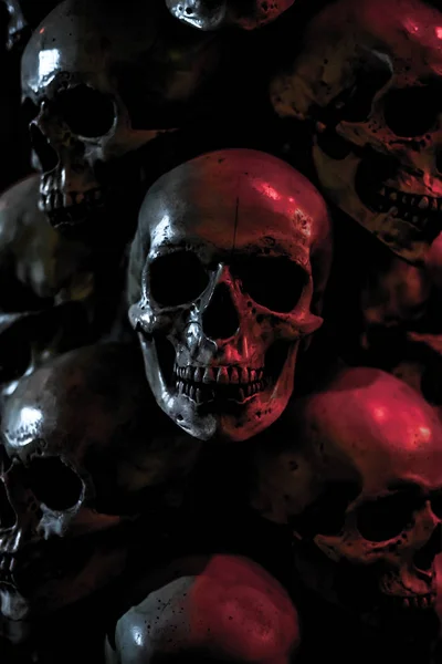 Gloomy Skulls Dark Background Skulls Stand Top Each Other — Stock Photo, Image