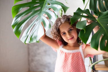 Monstera'lı küçük kız modeli. Monstera yaprakları ile küçük bir kız portresi.