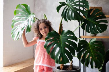 Monstera'lı küçük kız modeli. Monstera yaprakları ile küçük bir kız portresi.