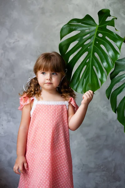 Modèle Petite Fille Avec Monstera Portrait Une Petite Fille Aux — Photo