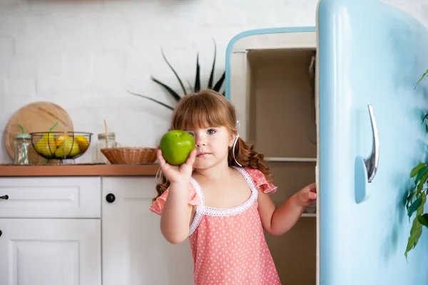 Little Girl Opens Door Refrigerator Beautiful Kitchen — Stock Photo, Image