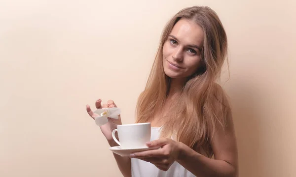 Young Woman Enjoying Cup Coffee Portrait Female Morning Tea Copy — Stock Photo, Image