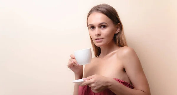 Young Woman Enjoying Cup Coffee Portrait Female Morning Tea Copy — Stock Photo, Image