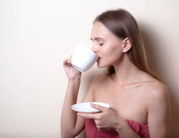 Young Woman Enjoying Cup Coffee Portrait Female Morning Tea Copy — Stock Photo, Image