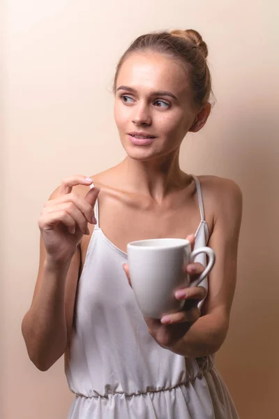 Young Woman Enjoying Cup Coffee Portrait Female Morning Tea Copy — Stock Photo, Image