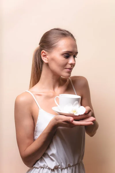 Young Woman Enjoying Cup Coffee Portrait Female Morning Tea Copy — Stock Photo, Image