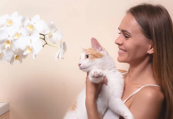 Kedisi Olan Bir Kızın Sevimli Portresi Hafif Arka Planda — Stok fotoğraf