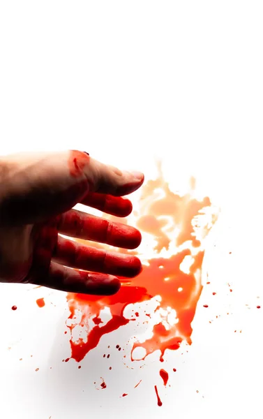Férfi Véres Kezét Egy Fehér Háttér Kifröccsenésekor Csepp Vér — Stock Fotó