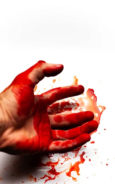 Manlig Blodig Hand Vit Bakgrund Med Stänk Och Droppar Blod — Stockfoto