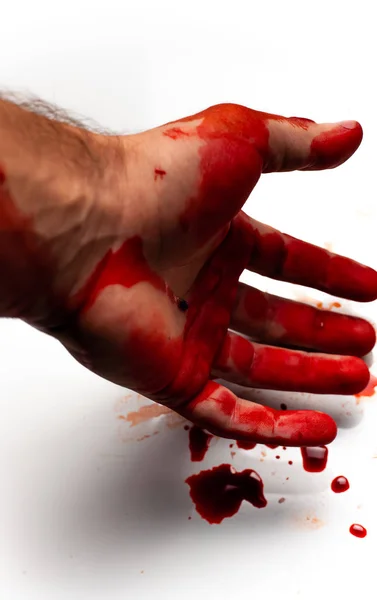 Férfi Véres Kezét Egy Fehér Háttér Kifröccsenésekor Csepp Vér — Stock Fotó