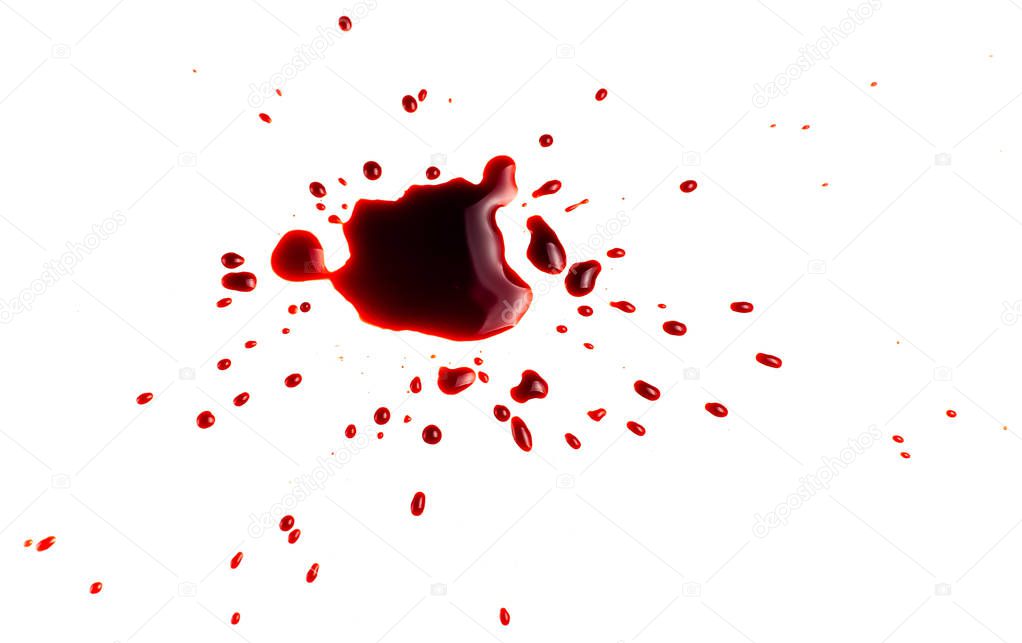Blood on a white background. Drops and splashes of blood on a white background.