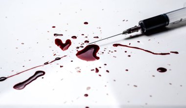 Şırınga ve kan beyaz bir arka plan üzerine sıçradı. Bir sürü kan ve bir şırınga..