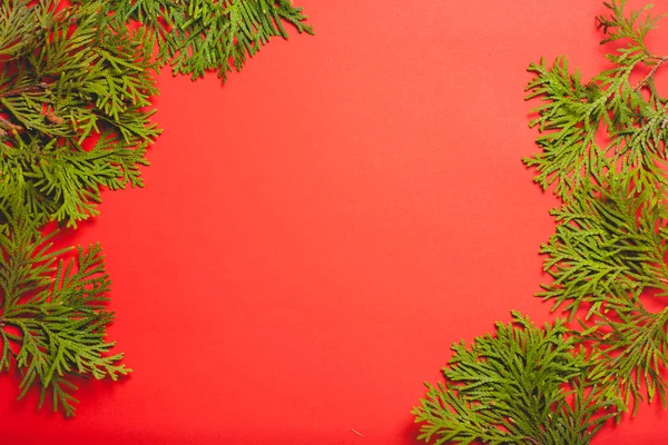 Feestelijke Compositie Een Rode Achtergrond Model Met Plaats Voor Tekst — Stockfoto