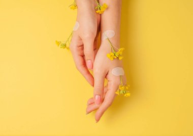 El sanatları, doğal kozmetik kadınları, sarı güzel kadınlar, bahar çiçekleri, parlak kontrast makyajlı eller, el bakımı. Moda, yaratıcı fotoğrafçı kız masada oturuyor, sarı zıt arkaplan. Yukarıdan bak, yakın plan..