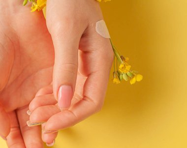El sanatları, doğal kozmetik kadınları, sarı güzel kadınlar, bahar çiçekleri, parlak kontrast makyajlı eller, el bakımı. Moda, yaratıcı fotoğrafçı kız masada oturuyor, sarı zıt arkaplan. Yukarıdan bak, yakın plan..
