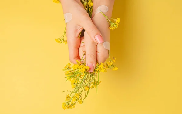 Hands art flower natural cosmetics women, yellow beautiful, spring flowers hand with bright contrast makeup, hand care. Fashion, creative beauty photo girl sitting at table,  yellow contrasting background.View from above, closeup.