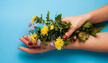 Renkli kağıtta güzel çiçekler. Örgü için en üstteki görünüm.