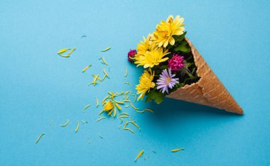 Renkli kağıtta güzel çiçekler. Örgü için en üstteki görünüm.