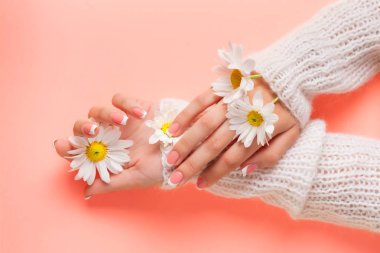 İnce genç eller, ince bilekli, temiz ciltli ve Fransız manikürlü çiçekleri tutuyor. Düz yatay fotoğraf, metin için yer.