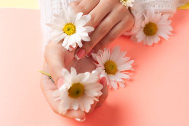 İnce genç eller, ince bilekli, temiz ciltli ve Fransız manikürlü çiçekleri tutuyor. Düz yatay fotoğraf, metin için yer.