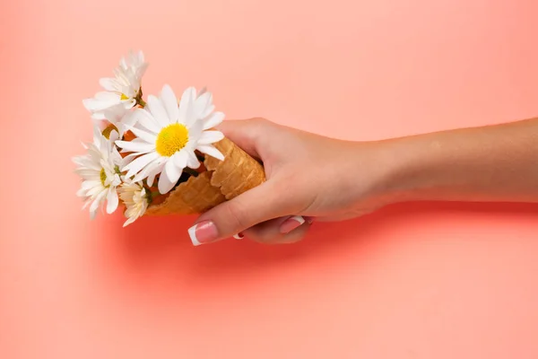 Mãos Jovens Mais Finas Mantêm Flores Com Pulso Fino Pele — Fotografia de Stock