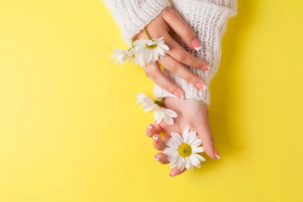 Slender young hands hold flowers, with a thin wrist, clean skin and French manicure. Flat lay photo, with place for text.