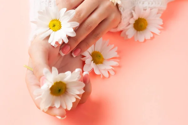 Slender young hands hold flowers, with a thin wrist, clean skin and French manicure. Flat lay photo, with place for text.