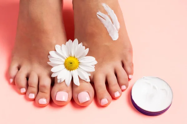 Woman\'s perfect, groomed feet with of natural herbal cream. Love a feet. Beautiful flowers on pink background. Care about clean, soft and smooth skin on foot. Fresh flowers.