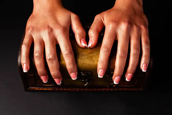 Beautiful Female Hand Opens Chest Beautiful French Manicure — Stock Photo, Image