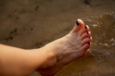 Sudaki kumlu bir sahilde çıplak ayaklı bir kadın. Güzel kadın bacaklarına yakın çekim. Islak ayak.