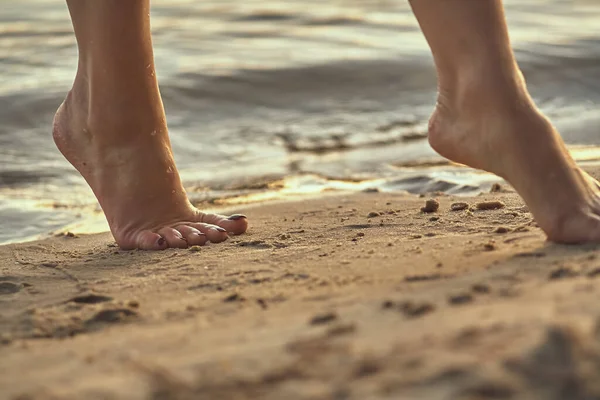 Female feet barefoot on a sandy beach in the water. Close-up of beautiful female legs. Wet foot.