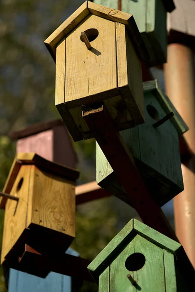 Monte Casas Pássaros Coloridas Poste Metal Contra Pano Fundo Parque — Fotografia de Stock