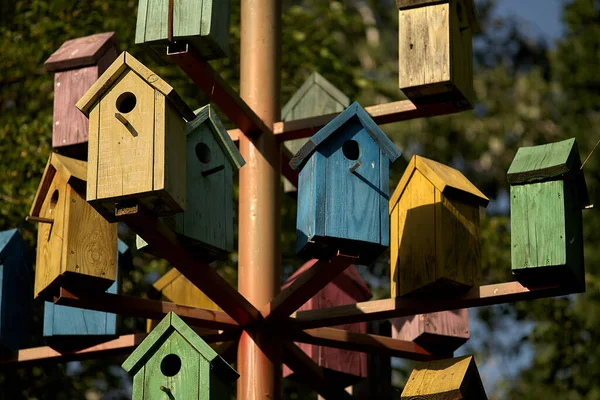 公園を背景にした金属製のポールにカラフルな鳥の家がたくさんあります 都市化と人口過剰の概念 明るい多色の木造住宅 鳥の家 — ストック写真