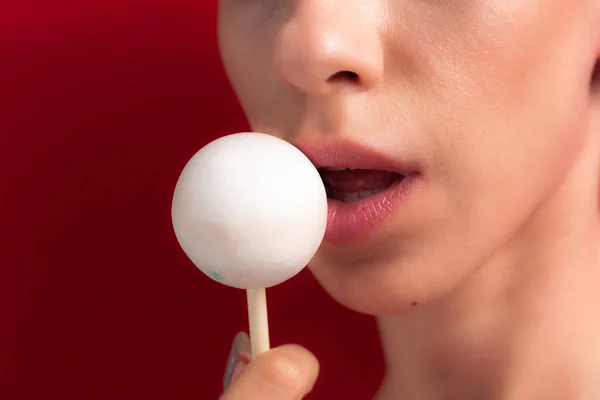 Close Female Lips Candy Girl Eating Candy Stick Beautiful Lips — Stock Photo, Image