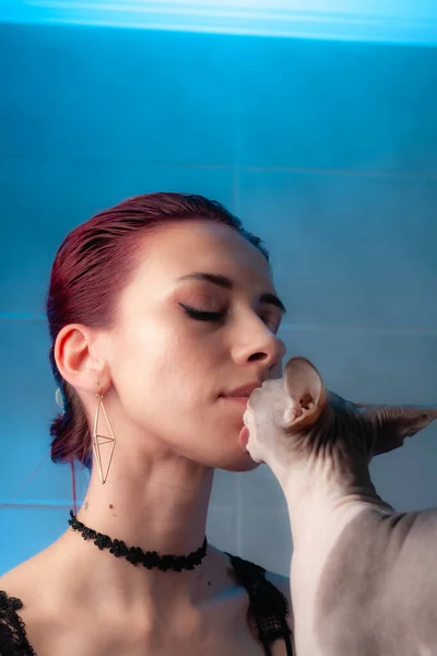 Retrato Uma Menina Com Animal Estimação Menina Sem Pêlos Sphynx — Fotografia de Stock