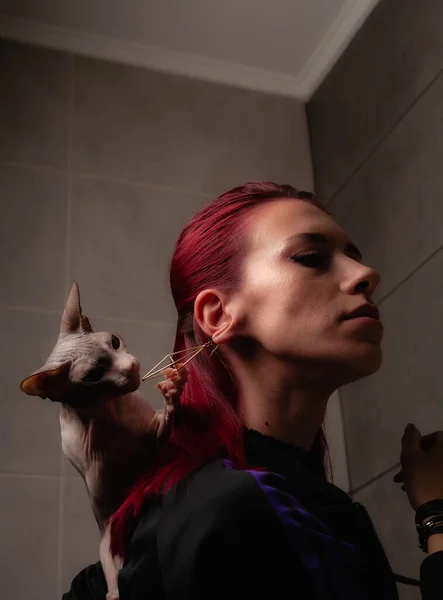 Retrato Una Chica Con Una Mascota Chica Sin Pelo Sphynx — Foto de Stock