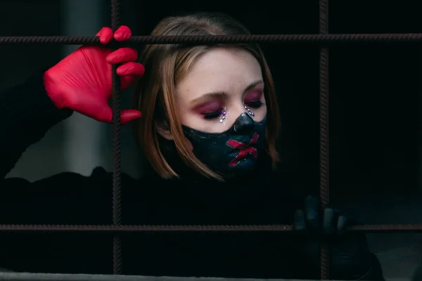 Make Maska Portrét Dívky Počest Svátků Halloweenu Dne Mrtvých Koncept — Stock fotografie
