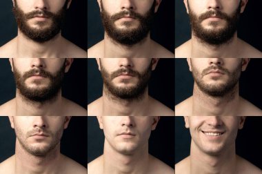 Beard, shave before and after. Male chin close-up with a beard, bristles and smooth-billed. Collage of varying degrees of hair growth. clipart