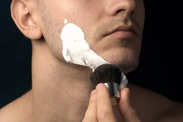 Close Male Chin Man Applies Shaving Foam Shaving Brush — Stock Photo, Image