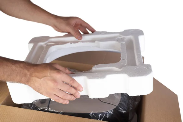 Embalaje Mercancías Caja Cartón Con Material Espuma Poliestireno Para Transporte —  Fotos de Stock