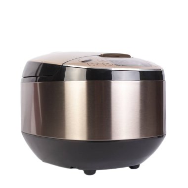 Otomatik modern multicooker beyaz arkaplanda izole edildi. Çeşitli yemekler hazırlamak için programlanmış ev aletleri. Bronz renkli çelik ve plastik..