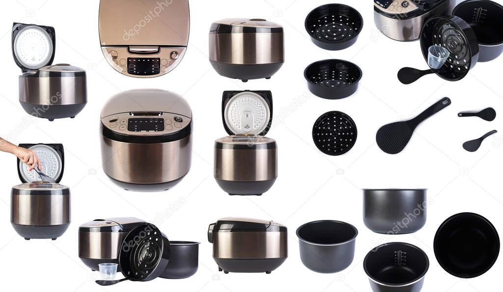 Multicooker and set of accessories isolated on white background. Replaceable non-stick bowl, steamer container, spoon, measuring cup.