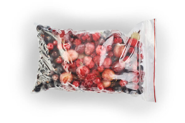 Berries in a zip package frozen and isolated on a white background.