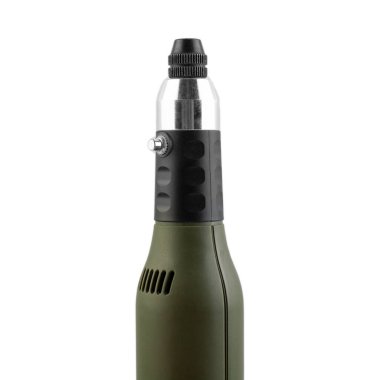 Manikür kesicisi beyaz arkaplanda izole edilmiş. Manikür, pedikür ve herhangi bir yüzey (taş, metal, mücevher, çizim desenleri vb.) için elle yapılan matkap. Değiştirilebilir nozüller ve güç düzenlemesi.