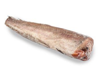 Donmuş hake balığı beyaz arka planda izole edilmiş. Yan görünüm.