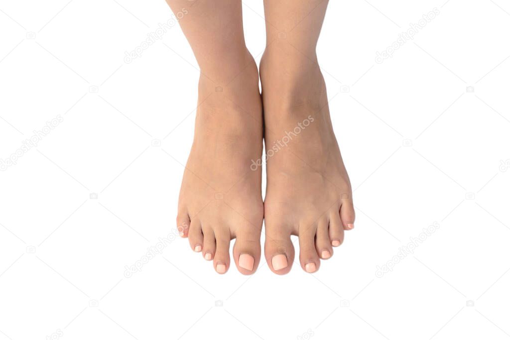 Beautiful female feets retouched and isolated on a white background. Standing on your legs. Empty space, blank for design.