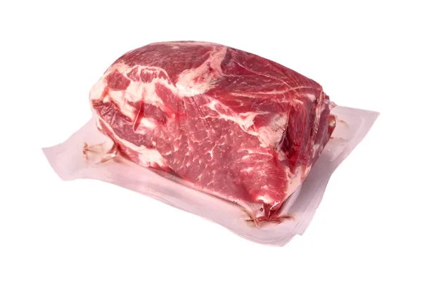 Rauw Vlees Vers Varkensvlees Vacuüm Verpakt Polytheen Geïsoleerd Witte Achtergrond — Stockfoto