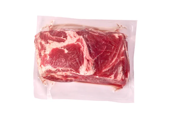 Surowe Mięso Świeża Wieprzowina Pakowana Próżniowo Polietylen Izolowana Białym Tle — Zdjęcie stockowe
