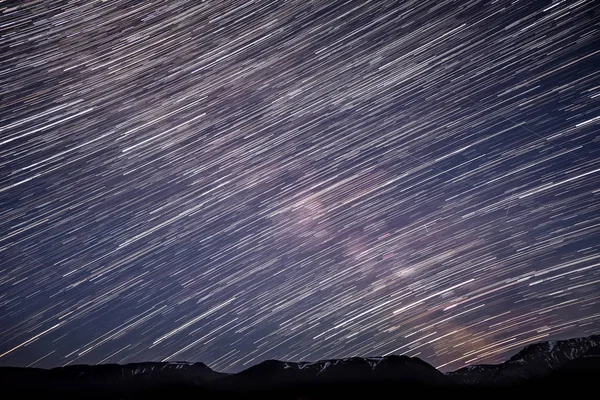 Beautiful Night Panorama Starry Sky Traces Meteors Stars Form Circular — Stock Photo, Image